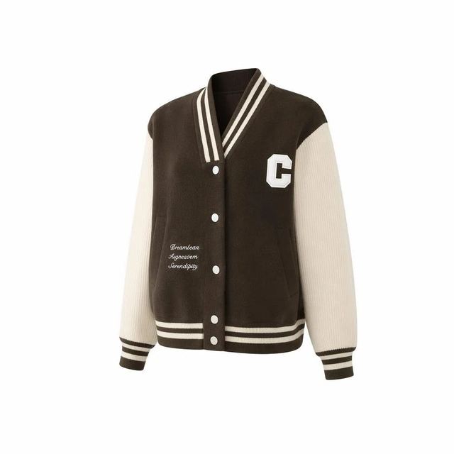 JIANCHI Brown Contrast Sleeve Varsity Letterman Button Baseball Jacket Ladies New Design Knitwear Custom Size Logo Service Direct LK24046