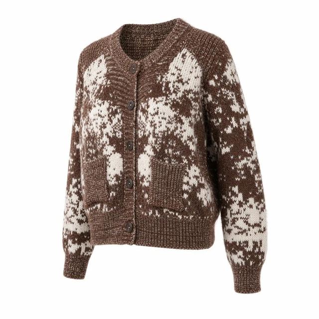 JIANCHI Brown Floral Jacquard Crew Neck Patch Pocket Knit Cardigan for Women Winter Warm Casual Wear Custom Logo OEM ODM Manufacturer LK24047