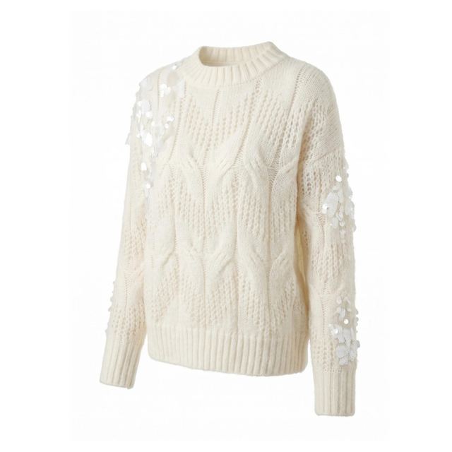 JIANCHI White Cable Knit Sequin Flower Embellished Long Sleeve Sweater Women Fashion Loose Fit Private Label Custom Color Small MOQ LK24048