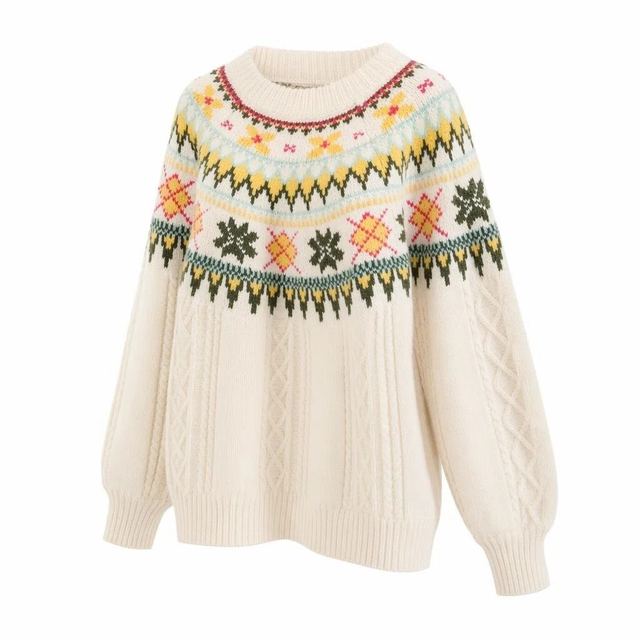 JIANCHI Cream Fair Isle Jacquard Crew Neck Cable Knit Loose Sweater Women Fashion Loose Fit Private Label Custom Color Small MOQ Factory LK25002