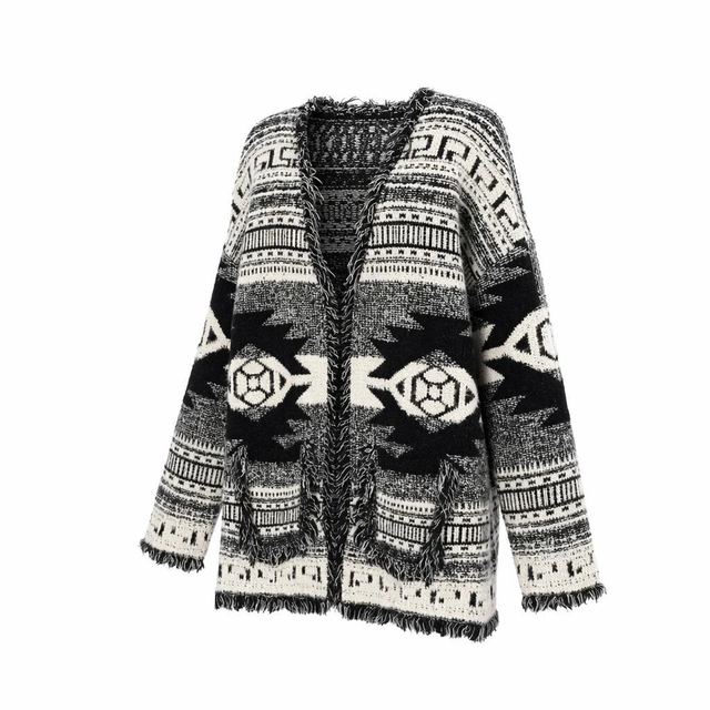 JIANCHI Black White Aztec Jacquard Fringe Trim Open Front Long Knit Cardigan for Women Winter Warm Casual Wear Custom Logo OEM ODM LK25004