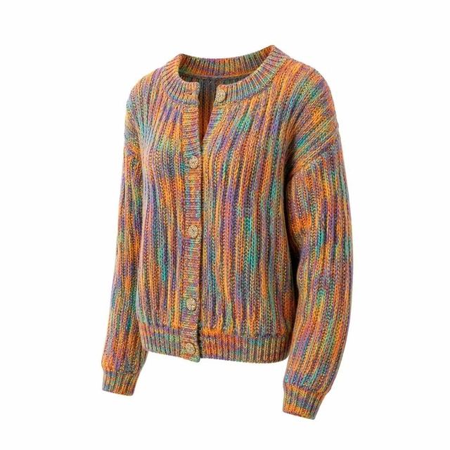 JIANCHI Multicolor Space Dye Ribbed Crew Neck Button Front Knit Cardigan for Women Winter Warm Casual Wear Custom Logo OEM ODM LK25007