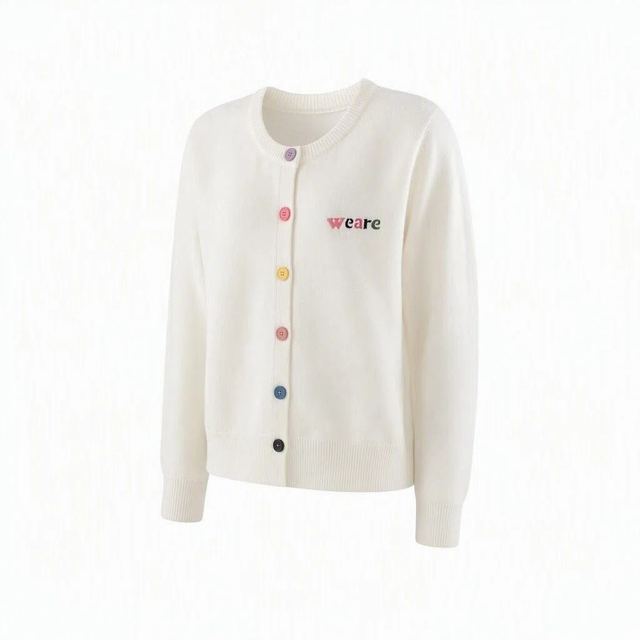 JIANCHI White Letter Embroidered Rainbow Button Crew Neck Knit Cardigan Ladies New Design Knitwear Custom Size Logo Service Direct LK25009