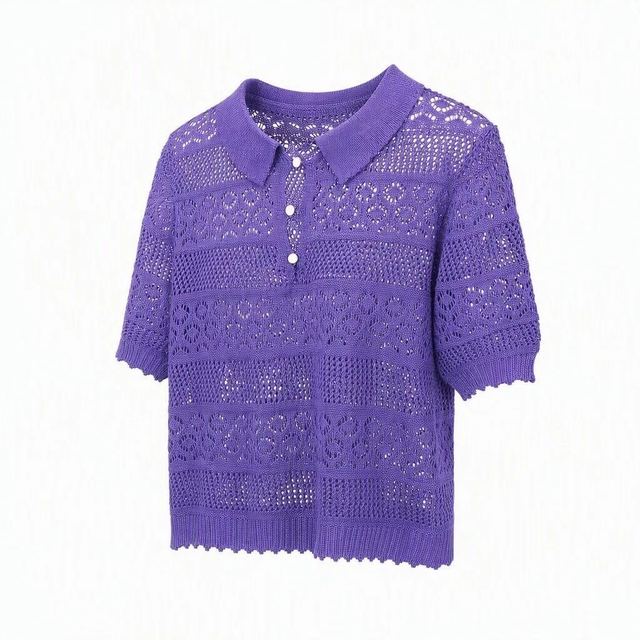 JIANCHI Purple Openwork Crochet Collar Short Sleeve Pointelle Knit Polo Shirt for Women Winter Warm Casual Wear Custom Logo OEM ODM LK25013