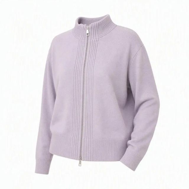 JIANCHI Lilac Stand Collar Zip Up Ribbed Trim Relaxed Knit Cardigan Ladies New Design Knitwear Custom Size Logo Service Direct Factory LK25015