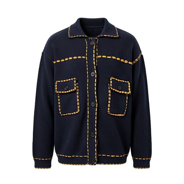 JIANCHI Navy Contrast Whipstitch Trim Collared Patch Pocket Knit Cardigan Ladies New Design Knitwear Custom Size Logo Service Direct LK25018